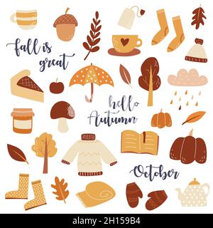 Set vettoriale di icone autunnali. Collezione di scrapbook di elementi di stagione autunnale. Design per biglietto d'auguri d'autunno Illustrazione Vettoriale