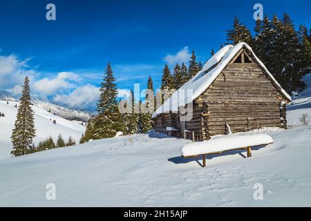 Fantastico paesaggio invernale coperto di neve con capanna di legno nella natura selvaggia di montagna, Carpazi, Romania, Europa Foto Stock