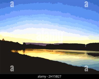 Paesaggio notturno per sfondi e texture. Un motivo fluviale calmo e cupo per carta da parati e stampe, copertine, prodotti in tessuto, cartoline, ecc. Foto Stock