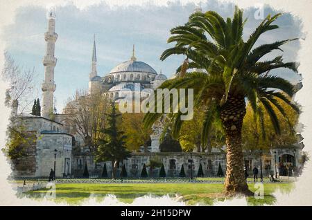 Disegno acquerello del Sultano Ahmet Camii chiamato Moschea Blu simbolo islamico turco e palme nelle vicinanze, Istanbul, Turchia Foto Stock