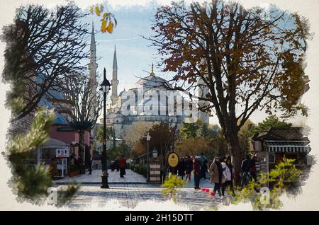 Disegno acquerello di persone che camminano vicino al Sultano Ahmet Camii chiamato Moschea Blu simbolo islamico turco a Istanbul, Turchia Foto Stock
