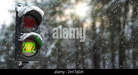 Felice anno nuovo 2022. Semaforo con semaforo verde 2022 e rosso 2021 su sfondo bosco o parco. illustrazione 3d Foto Stock