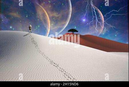 L'astronauta si trova nel deserto bianco surreale. Rendering 3D. Foto Stock