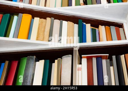 Foto di libri nuovi e vecchi di vari colori in piedi su scaffali di libri. Foto Stock