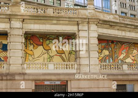 Murales in Community Marketplace sul lungofiume di Chicago nel centro di Chicago, Illinois Foto Stock