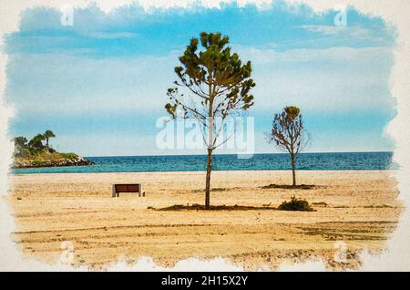 Disegno acquerello di spiaggia di sabbia con alberi e panchina sulla riva del Golfo Saronico ad Atene, Grecia Foto Stock