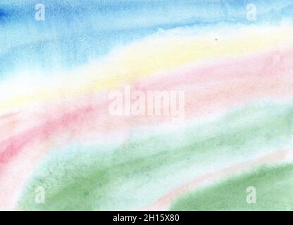 Rosa-blu con rete sfumata verde e gialla. Sfondo astratto di pittura ad acquerello. Tavolozza di colori caramelle. Astrazione dei colori sfocata. Arcobaleno backgr Foto Stock