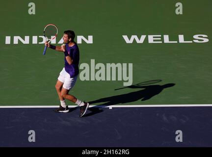 16 ottobre 2021 Cameron Norrie di Gran Bretagna festeggia il punto di incontro vincente contro Grigor Dimitrov di Bulgaria nella loro semifinale durante il BNP Paribas Open 2021 all'Indian Wells Tennis Garden di Indian Wells, California. Credito fotografico obbligatorio : Charles Bao/CSM Foto Stock