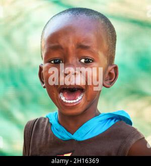 Ritratto africano bambino in un villaggio in Botswana in piedi di fronte alla recinzione verde nel cortile, piangendo Foto Stock