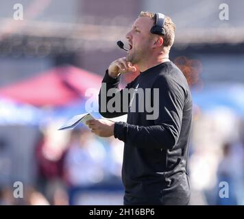 16 ottobre 2021: Il capo allenatore di Bobcats dello stato del Texas Jake Spavital durante una partita di football NCAA tra lo stato del Texas e Troia il 16 ottobre 2021 a San Marcos, Texas. (Credit Image: © Scott Coleman/ZUMA Press Wire) Foto Stock