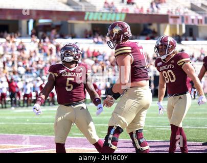 16 ottobre 2021: Texas state Bobcats running back Brock Sturges (5) reagisce dopo aver segnato un touchdown durante una partita di football NCAA tra Texas state e Troy il 16 ottobre 2021 a San Marcos, Texas. (Credit Image: © Scott Coleman/ZUMA Press Wire) Foto Stock