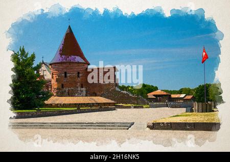 Disegno acquerello del castello gotico medievale di Kaunas con torre con tetti di tegole rosse, bandiera rossa nelle vicinanze e cielo blu sullo sfondo, Lituania Foto Stock