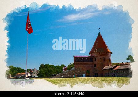 Disegno acquerello del castello gotico medievale di Kaunas con torre con tetti di tegole rosse, bandiera rossa nelle vicinanze e cielo blu sullo sfondo, Lituania Foto Stock