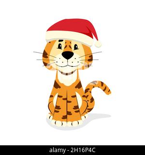 Tiger in un cappello santa. Personaggio vettoriale di Natale su sfondo bianco. Animali selvatici Illustrazione Vettoriale