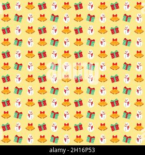 Carta da parati natalizia con elementi senza giunture di Snowman, Bell e Gift Box. Illustrazione Vettoriale