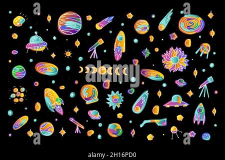 Set di adesivi per barbatella Bright Space. Pianeti, razzi, stelle, comete, asteroidi isolati su sfondo nero. Sfumatura rosa, arancione, verde neon colore astr Illustrazione Vettoriale