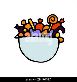 Doodle vettore festive dolci carini in un secchio. Colorare caramelle, torte, bastoncini di menta piperita su sfondo bianco. Dessert fatto a mano per la festa dei bambini, Halloween Illustrazione Vettoriale