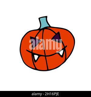 Doodle Halloween zucca spaventosa arancione. Faccia divertente, creepy, sorridente con i fangs. Happy Halloween Holiday Symbol isolato su sfondo bianco. Carattere Illustrazione Vettoriale