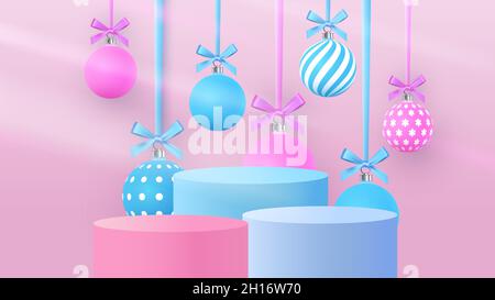 Scena di Natale su sfondo rosa con palle di Natale appese. Podio cilindrico per presentazione del prodotto.Vector Illustrazione Vettoriale