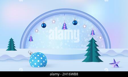 Scena di Natale su sfondo blu con podio, albero di Natale e palle di Natale. Vetrina per la presentazione del prodotto. Vettore Illustrazione Vettoriale