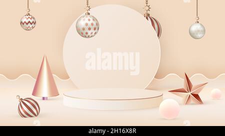 Scena natalizia per la presentazione del prodotto in tonalità beige. Cornice rotonda, podio cilindrico e decorazioni albero di Natale. Vettore Illustrazione Vettoriale