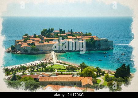 Disegno acquerello dell'isola di Santo Stefano Sveti Stefan con edifici con tetti di tegole rosse vicino a Budva nella giornata di sole, Montenegro Foto Stock