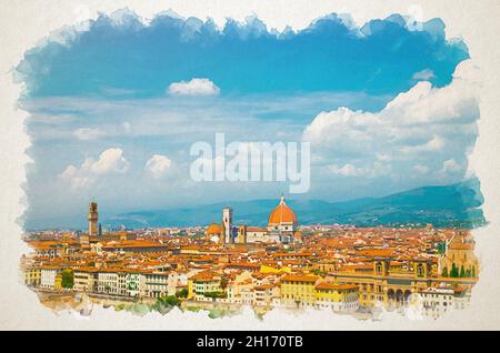 Disegno acquerello della vista panoramica dall'alto della città di Firenze con Duomo Cattedrale Cattedrale di Santa Maria del Fiore, edifici e colline Foto Stock