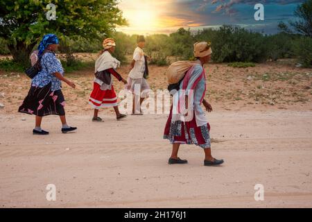 Gruppo di quattro donne boscimane di Kalahari centrale, villaggio New Xade in Botswana, a piedi su una strada sterrata Foto Stock