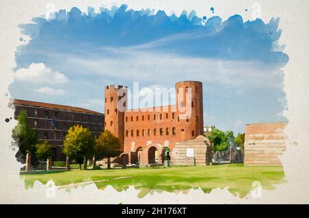 Acquerello disegno di porta Palatina porta Palatina torri edifici in mattoni epoca romana città antiche rovine cancello con Giulio Cesare statua in storico ce Foto Stock