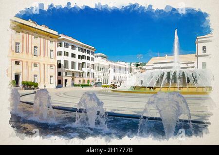 Disegno acquerello di Piazza Raffaele De Ferrari con fontana, Palazzo Ducale Doge e Teatro Carlo Felice edificio storico Foto Stock