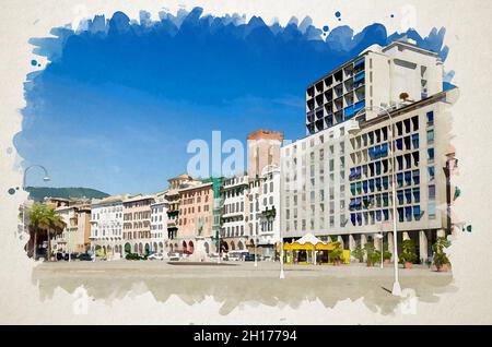 Disegno acquerello di Row di edifici colorati e Torre dei Morchi in Piazza Caricamento vicino al porto nel centro storico della vecchia europa Foto Stock