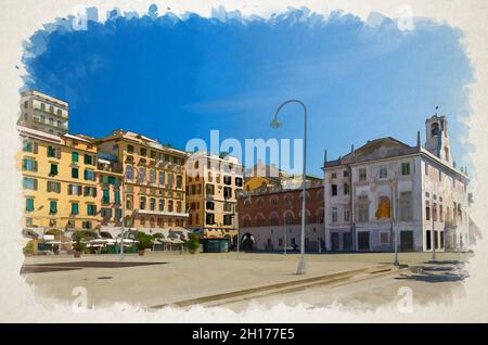 Disegno acquerello di Row di edifici colorati e Palazzo San Giorgio su Piazza Caricamento vicino al porto nel centro storico della vecchia ue Foto Stock