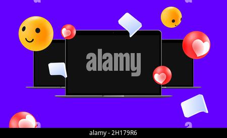 Bright Mockup per la pubblicità nei social media. Emoticon e laptop su sfondo viola. Illustrazione vettoriale Illustrazione Vettoriale