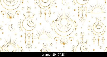 Motivo esoterico con luna dorata senza cuciture. Spazio contorno decorazione sacra. Texture magica vettoriale con stelle, mezzaluna e sole su sfondo bianco. Luxurio Illustrazione Vettoriale