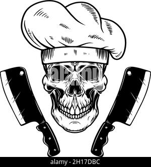 Illustrazione del cranio dello chef e dei pezzi di carne. Elemento di design per logo, etichetta, segno, emblema. Illustrazione vettoriale Illustrazione Vettoriale