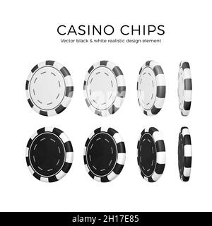Chip di poker in posizione diversa. chip 3d in bianco e nero da casinò isolato su sfondo bianco. Illustrazione vettoriale Illustrazione Vettoriale