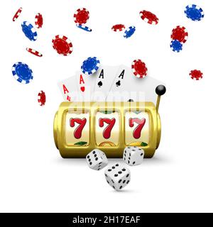 Casino grande vincita poster. 3d oro slot machine nero giocare carte quattro assi e cadere e poker chip. Elemento di design per banner gioco d'azzardo. Vettore illu Illustrazione Vettoriale