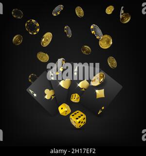 Casino grande vincita poster. Oro dices nero giocando le carte quattro assi e cadere poker chips e monete d'oro. elemento di design 3d per banner di gioco. VECTO Illustrazione Vettoriale
