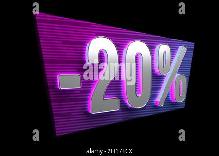 carta al neon 20% di sconto sul nero. rendering 3d Foto Stock