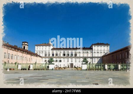 Disegno acquerello del Palazzo reale Palazzo reale sulla piazza del Castello Piazza Castello con fontane e monumenti nel centro storico di Torino Foto Stock