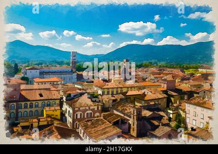 Disegno acquerello della vista panoramica dall'alto aerea del centro storico medievale di Lucca con antichi edifici, tipici tetti di tegole rosse e montagne rang Foto Stock