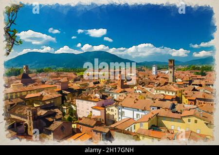 Disegno acquerello della vista panoramica dall'alto aerea del centro storico medievale di Lucca con antichi edifici, tipici tetti di tegole rosse e montagne rang Foto Stock