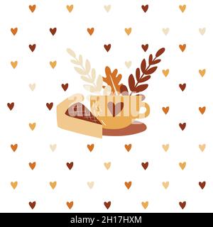 Tazza di tè o caffè con torta sulle foglie autunnali e sfondo del cuore. Bevanda autunnale. Illustrazione vettoriale per le schede Illustrazione Vettoriale
