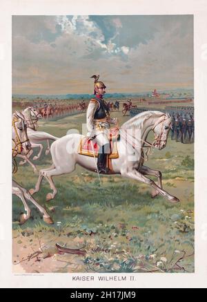 Una litografia vintage del Kaiser Wilhelm II in divisa tedesca di abbigliamento militare a cavallo con il suo esercito circa 1891 Foto Stock