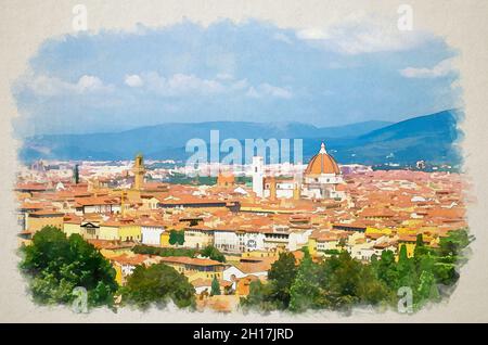 Disegno acquerello della vista panoramica dall'alto della città di Firenze con Duomo Cattedrale Cattedrale di Santa Maria del Fiore, edifici case con orang Foto Stock