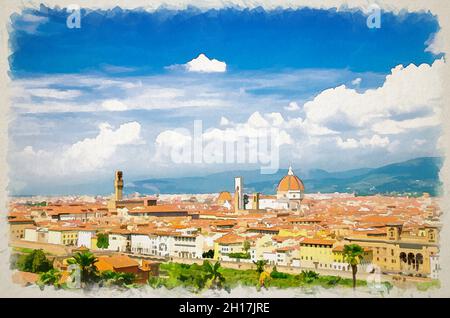 Disegno acquerello della vista panoramica dall'alto della città di Firenze con Duomo Cattedrale Cattedrale di Santa Maria del Fiore, edifici case con orang Foto Stock