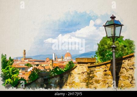 Disegno acquerello della vista panoramica aerea superiore della città di Firenze con Duomo Cattedrale di Santa Maria del Fiore e colline, vista da s. Foto Stock