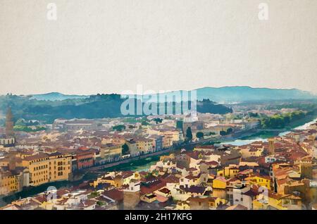 Disegno acquerello della vista panoramica aerea superiore del centro storico di Firenze, ponti sul fiume Arno, edifici con mattonelle color arancio rosso Foto Stock