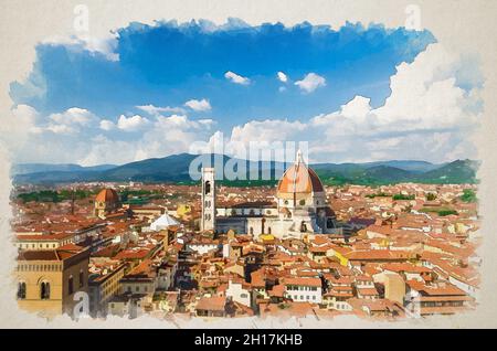 Disegno acquerello della vista panoramica dall'alto della città di Firenze con Duomo Cattedrale Cattedrale di Santa Maria del Fiore, edifici case con orang Foto Stock