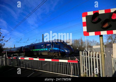 Treni di carena treno Paragon passando luci rosse ad un varco di livello senza equipaggio, East Coast Main Line Railway; Peterborough, Cambridgeshire, Inghilterra Foto Stock